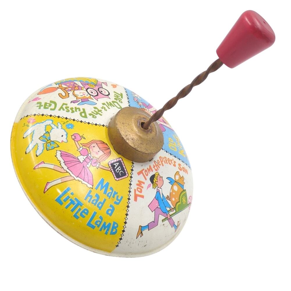 Vintage Tin Litho Spinning Top Nursery Rhymes Mary Lamb Owl Cat King Cole